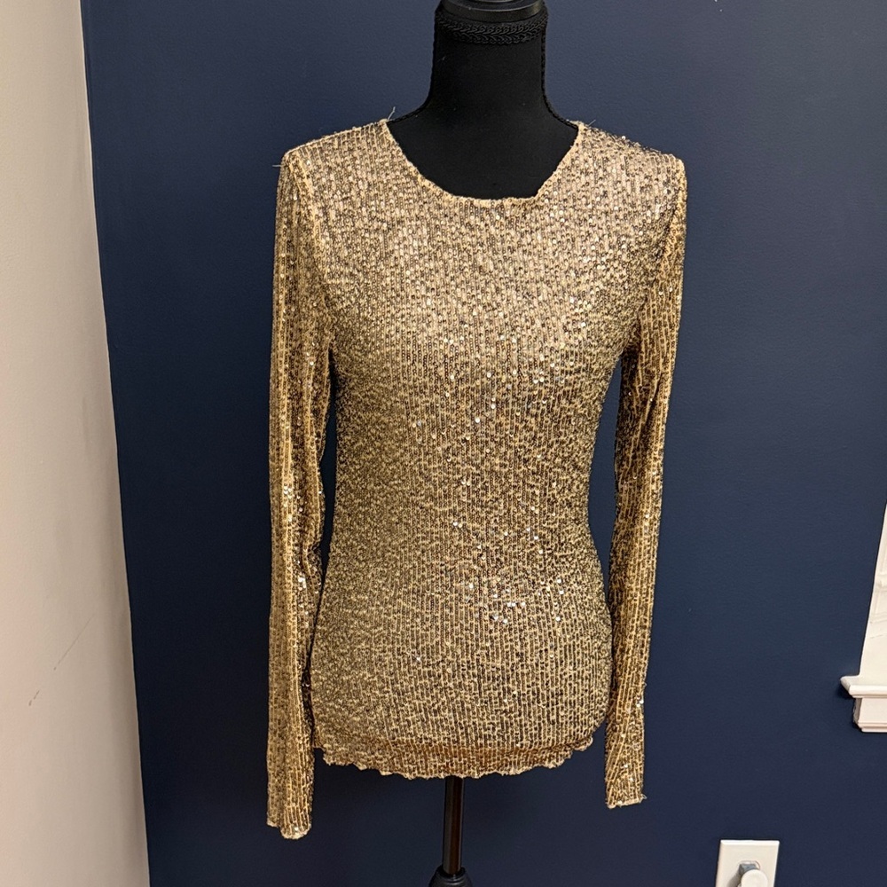 Free People Gold Sequin Long Sleeve Top